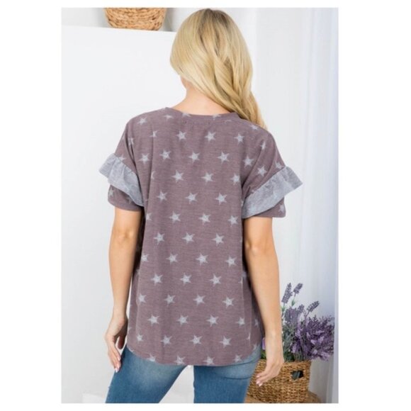 Star Print Top Ruffled Short Sleeves Dusty Purple & Silver - Picture 2 of 5